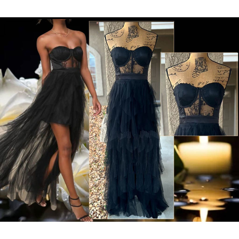 Lulus Black Sheer Lace Strapless Bustier Forever Flawless  Maxi Dress Size S